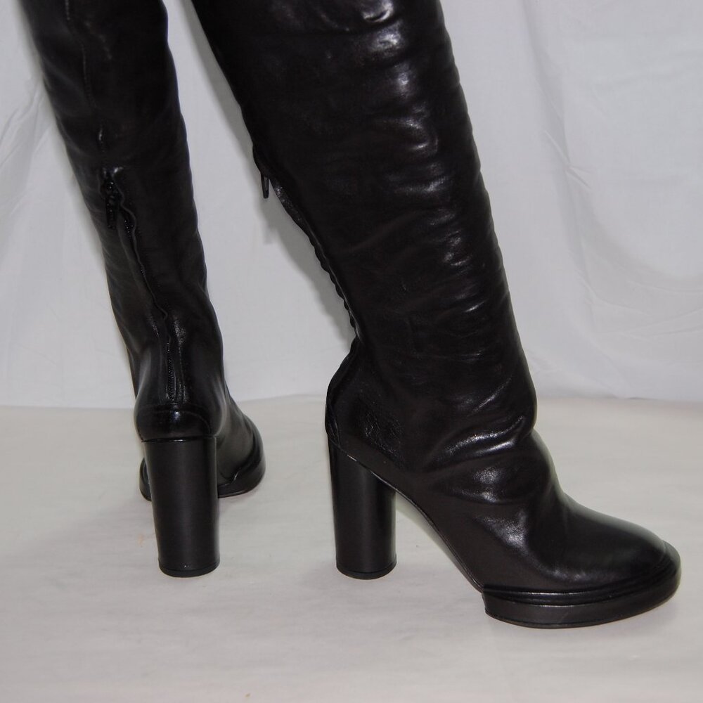 37/ US 7❤️Made in ITALY Black Leather slouch Over Knee High Heels Tall BOOTS OTK